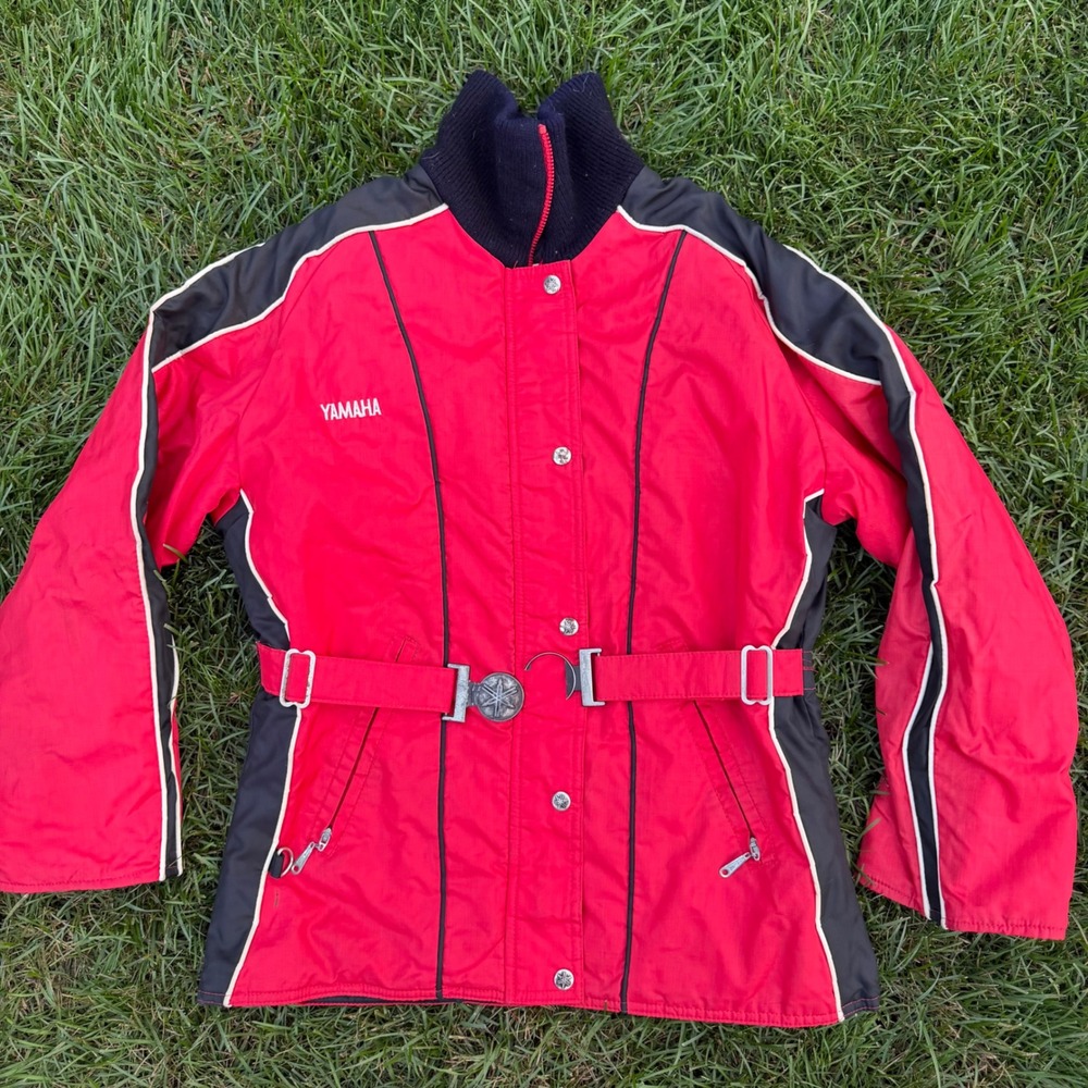 Vintage Yamaha Snowmobile Jacket Red Black Belted Quilted Padded Racing Medium
